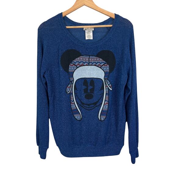 DISNEY PARKS Women's M Blue Mickey Mouse Winter Hat Lightweight Raglan Sweater - Picture 1 of 9